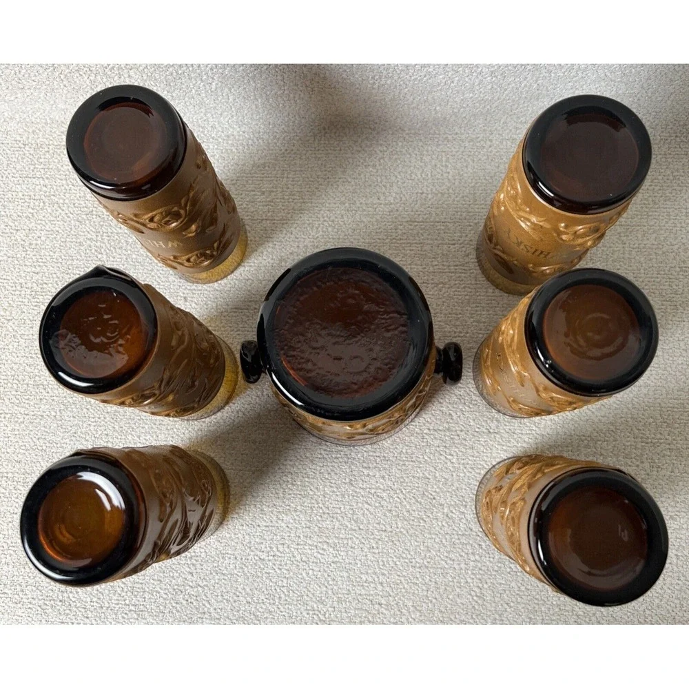 Whisky Glasses & Glass Ice Bucket Amber Embossed Leather Sleeve Set 7 Bar Liquor